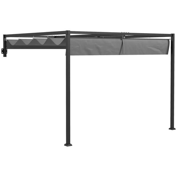 Dark grey lean-to steel pergola with retractable fabric canopy and open side frame.