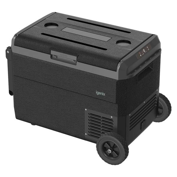 The Igenix 50L Portable Fridge Freezer in black has wheels, a handle, and a digital control panel—ideal for camping or travel.
