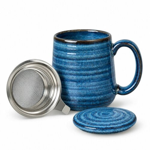 Skandi Home Aska Large Navy Reactive Glaze Ceramic Infuser Mug with Lid and removable Stainless Steel Infuser