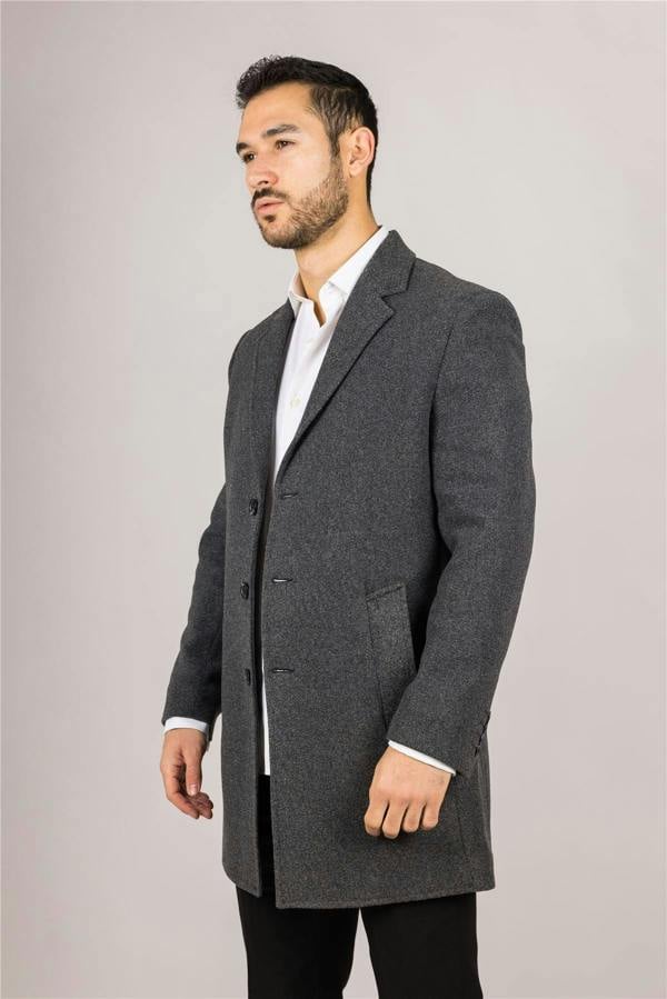 Infinity Leather Men's Notched Lapel Collar Wool Blend Grey Overcoat