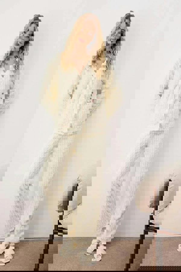 WOVCOR 2-Piece Buttoned Pocketed Knitted Pajama Set with Floral Embroidery