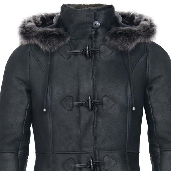 Infinity Leather Womens Black Sheepskin Hooded Duffle Coat-Ottawa