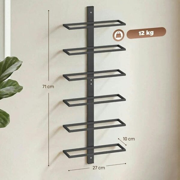 Wall Mounted Wine Rack, 6 Tier Metal Wine Display Rack, Storage Holder for Kitchen, Black