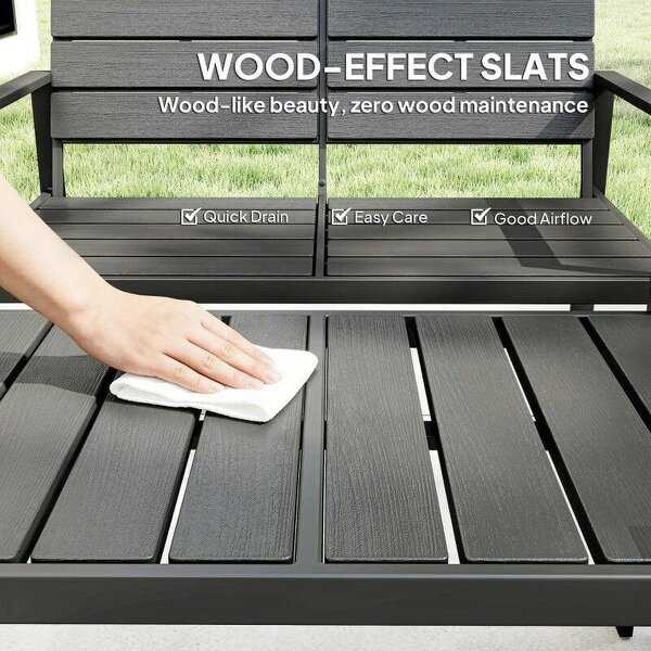 4 Piece Garden Furniture Set, Outdoor Sofa Set with HDPE Slatted Loveseat Armchairs Coffee Table Metal Frame, Dark Grey
