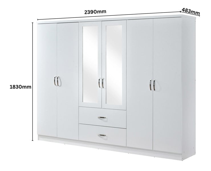Swish Furniture Paddington 6 Door 2 Drawer Mirrored Wardrobe