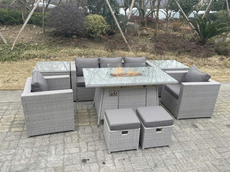 Fimous Rattan Garden Furniture Set Gas Fire Pit Lounge Sofa Chair Dining Set With 2 Side Table And 2 PC Arm Chair 2 Stools