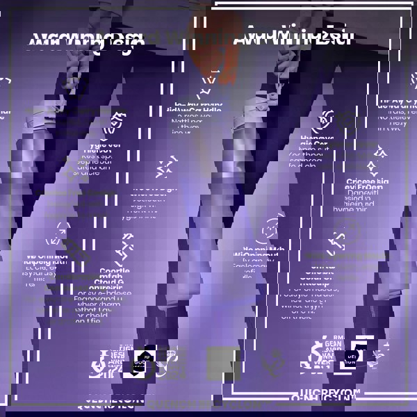 A purple water bottle is being held; its features are highlighted, including a hide-away handle, crevice-free design, and wide mouth. The bottle is presented against a purple background with text describing its award-winning design and features. The text also includes “QUENCH RECYCLON™”.