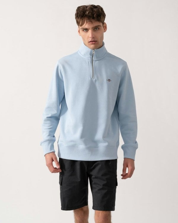GANT Mens Regular Fit Shield Logo Half Zip Sweatshirt - 457 Fresh Blue - CHO - Designer Mens Sweatshirts