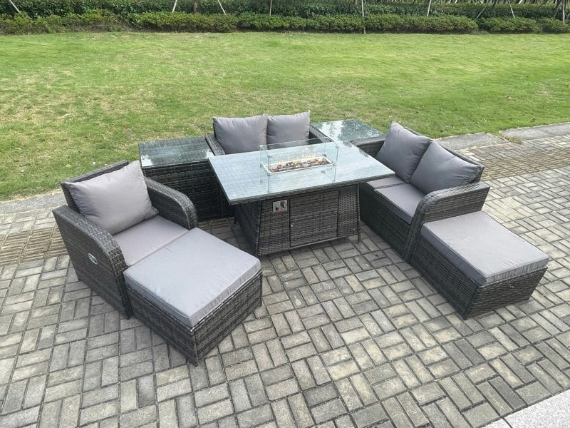 Fimous Outdoor Rattan Sofa Dining Set | Gas Fire Pit Table, Reclining Chair, 2 Side Tables, 2 Footstools | Dark Grey