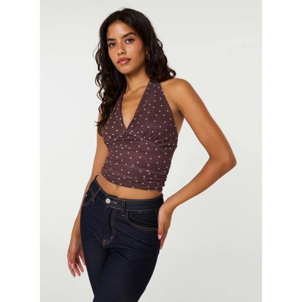 Pink Vanilla Polka Dot Ruched Side Halter Top