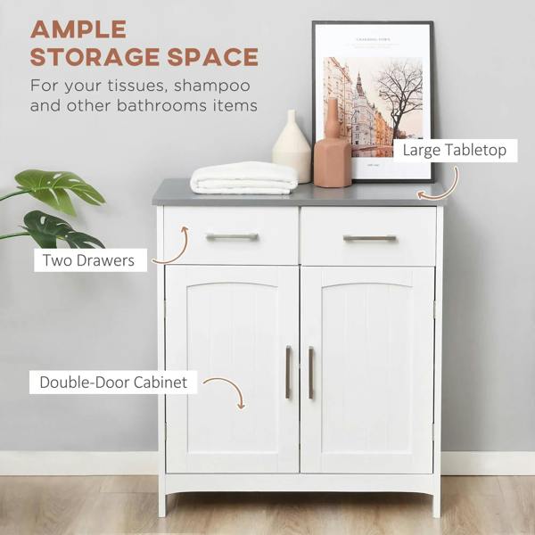 White bathroom cabinet with two drawers, double-door base, and gray tabletop surface