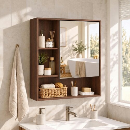 HOMCOM Bathroom Mirror Cabinet, Wall-Mounted, Adjustable Shelves - Walnut Brown
