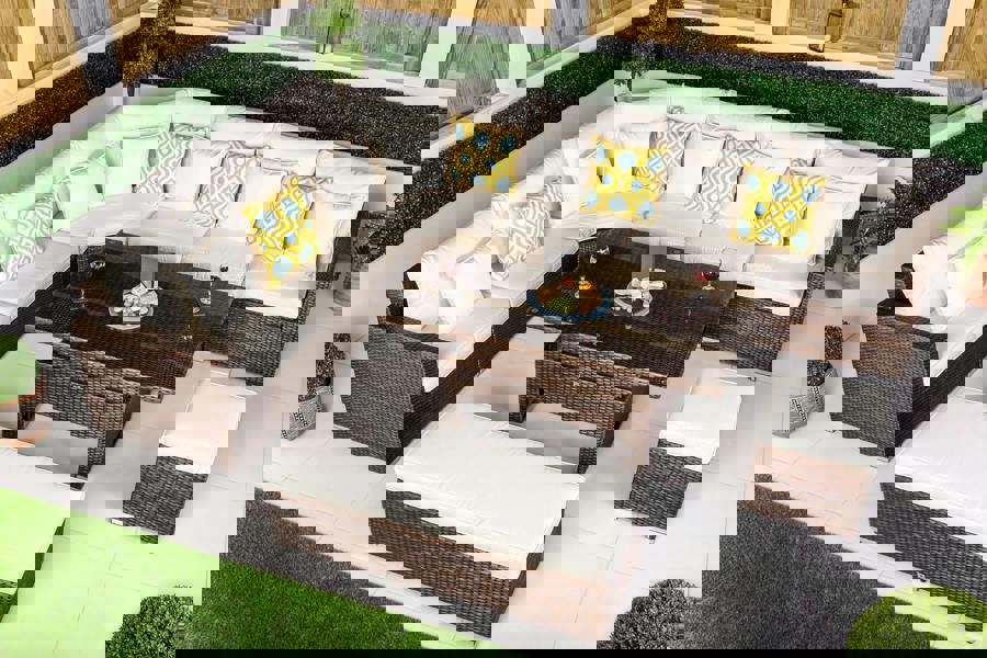 Giardino Santorini 6 Seat Modular Corner Sofa Rattan Garden Furniture Set Outdoor Height Adjustable Coffee Table, Bench and Stool