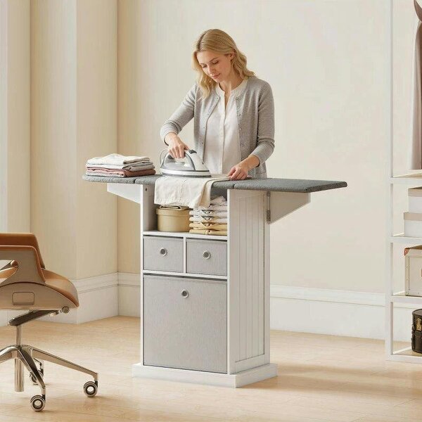 Ironing Board Cabinet on Wheels with Ironable and Foldable Top, Mobile Storage Cabinet with Ironing Board, White