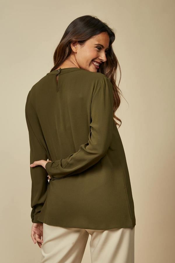 Hoxton Gal Oversized Long Sleeves Frill Front Blouse with Detailed Neckline in Khaki
