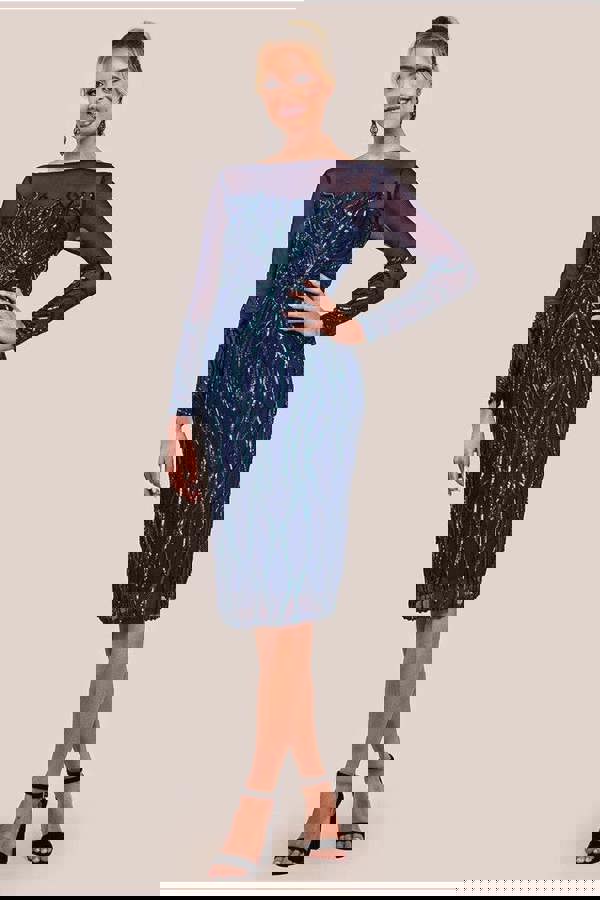 Long Sleeve Sequin Flame Midi Dress - Navy DR3605