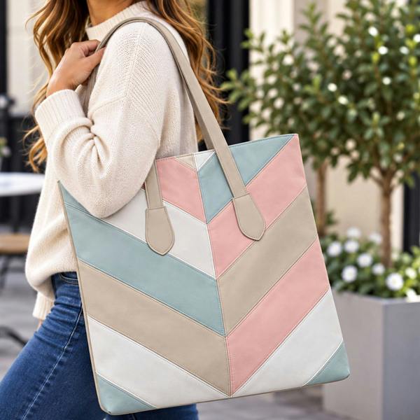 Lorenz Chevron Colour Block Tall Tote Shopper Bag - Beige/Pink/Blue/White