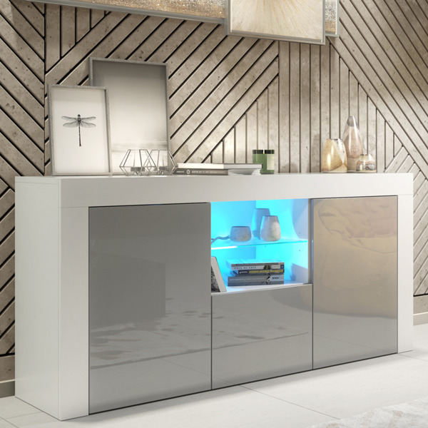 Mex Furniture Modern 145cm TV Unit, Cabinet Stand & with Grey Gloss Doors & Free LED