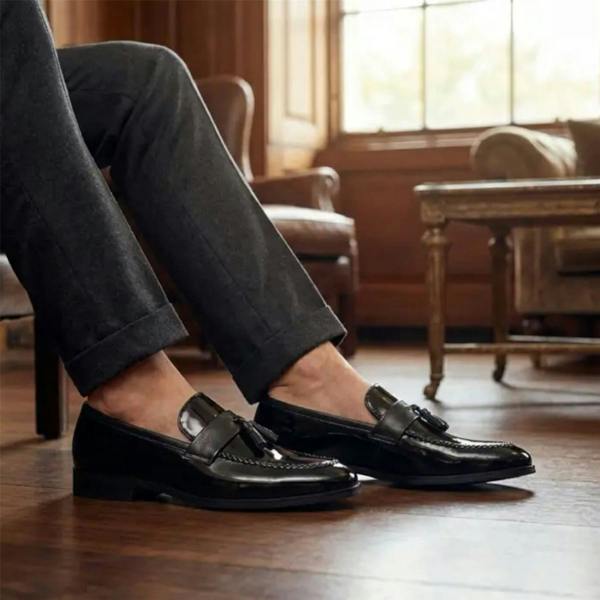 Dolcetto Mens Olive Tassel High-Gloss Patent Faux Leather Formal Loafers Shoes