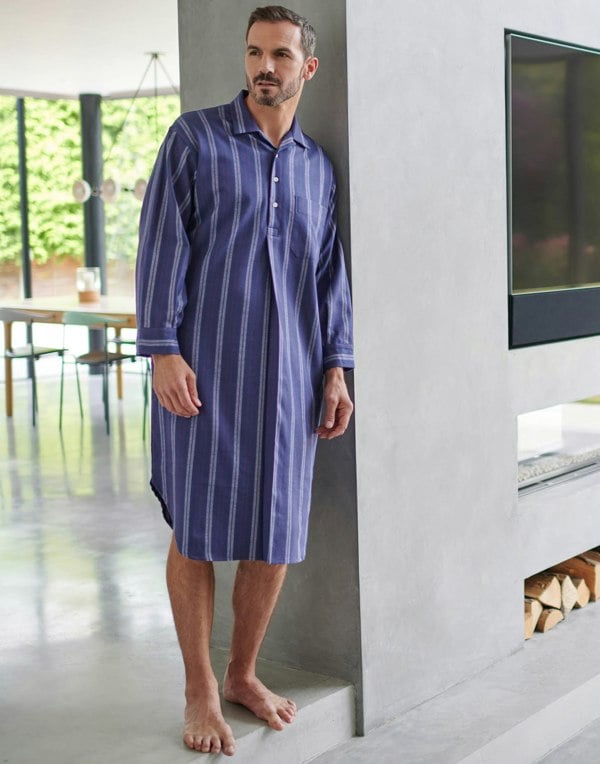 British Boxers Men's Brushed Cotton Nightshirt – Banbury Navy Stripe