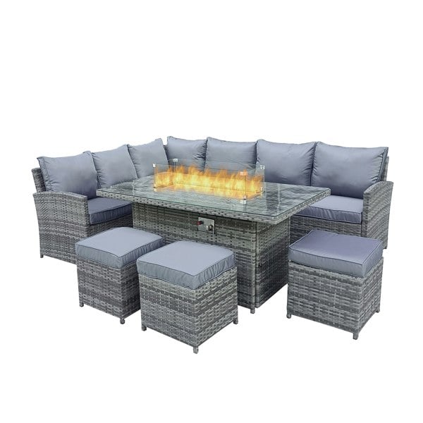 Furniture One 9 Seater Rattan Patio Dining Table Set with Table, Padded Corner Sofa, 3 Stool Outdoor Corner Sofa Set, All-Weather Patio Set