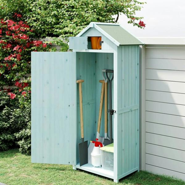 Blue wooden outdoor utility shed with open door and storage for garden tools