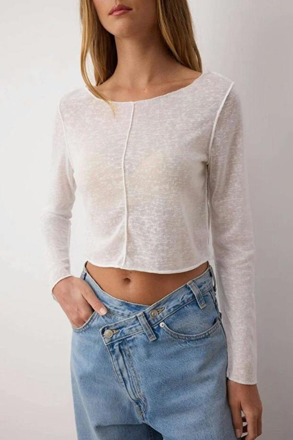 WOVCOR Transparent Ribbed Crop Knit Blouse