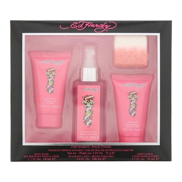 Ed Hardy 3 Piece Gift Set: Fragrance Mist 100ml - Body Wash 50ml - Body Lotion 50ml, Fragrant Shower Steamer/Cube 75g