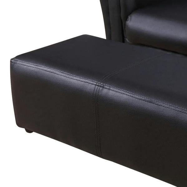 Black padded ottoman footstool with smooth vinyl-like upholstery