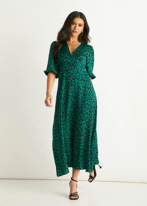 Gini London Green Animal Print Satin Midi Dress