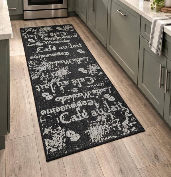 Viva Rugs Black Coffee Pattern Runner Rug Non-Slip Flat Weave Kitchen Hallway Carpet
