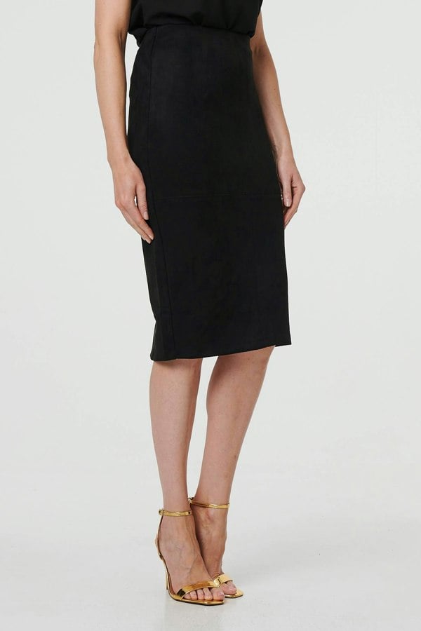 Black | Faux Suede Knee Length Pencil Skirt
