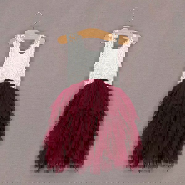 Rear of short ruffles dress with wine red tulle