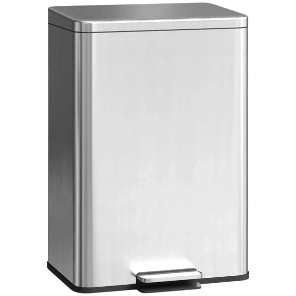 Stainless steel pedal bin with hinged lid and foot pedal, silver tone