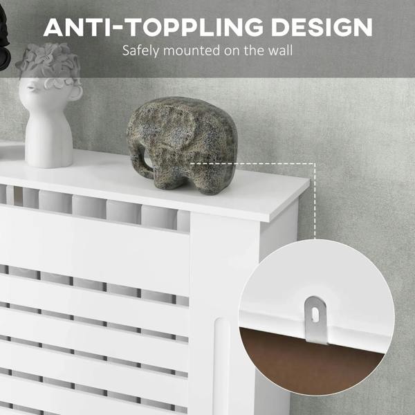 White radiator cover mounted on wall; anti-toppling side design detail shown.