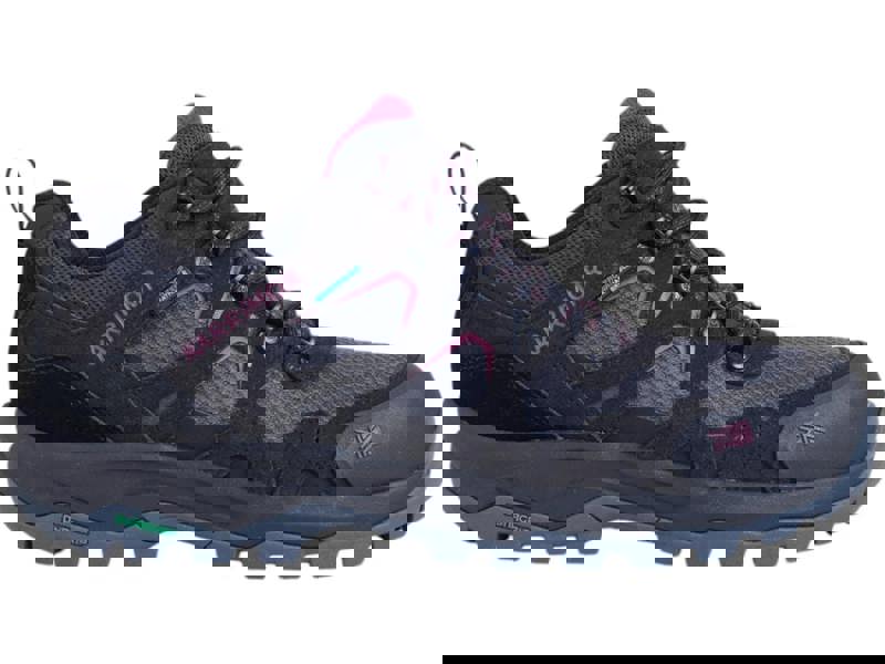 Karrimor Bodmin Low 6 Womens Waterproof Hiking Walking Trainers, black and pink outdoor footwear with rugged sole and breathable mesh upper.