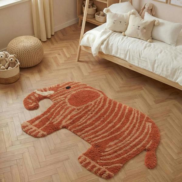 Animal design rug, washable, red & orange colours, nursery rug.
