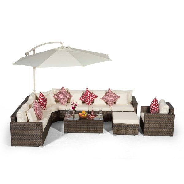 Giardino Santorini L Shape Modular 7 Seat Rattan Corner Sofa Set With Armchair, Large Coffee Table & Ottoman