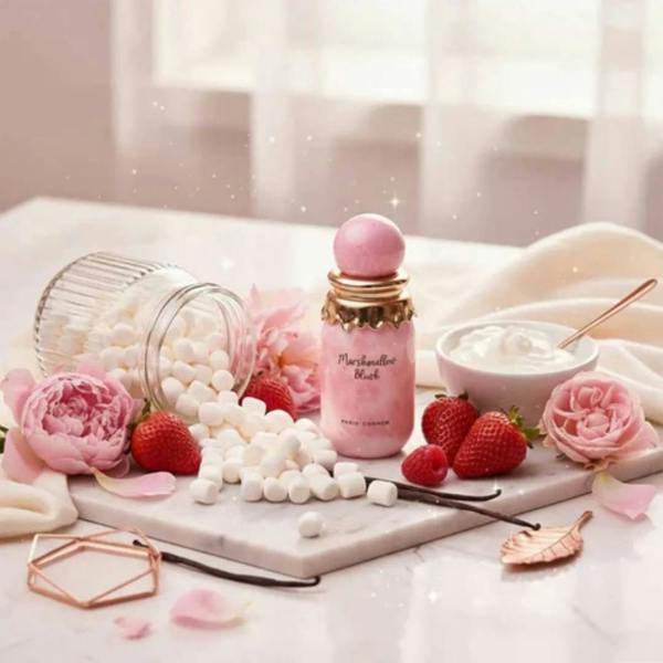 Paris Corner Marshmallow Blush Eau de Parfum 100ml bottle with strawberries marshmallows and roses