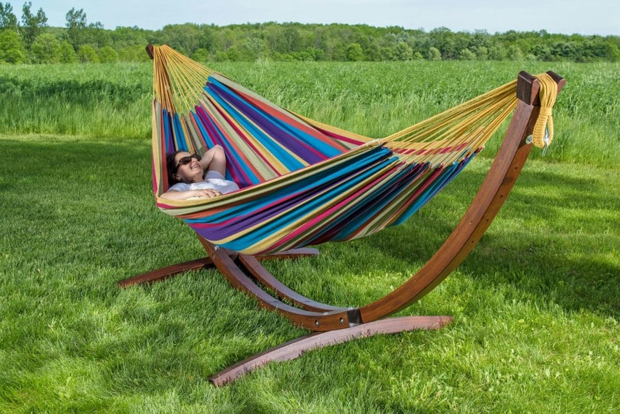 Vivere Double Cotton Hammock with Solid Pine Arc Stand - Tropical