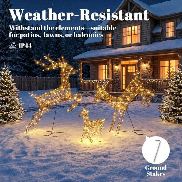 Bobobiy 3-Piece Light Up Deer Family Set of 3, Lighted Reindeer Christmas Decorations Outdoor with 200 LED Lights, Brown