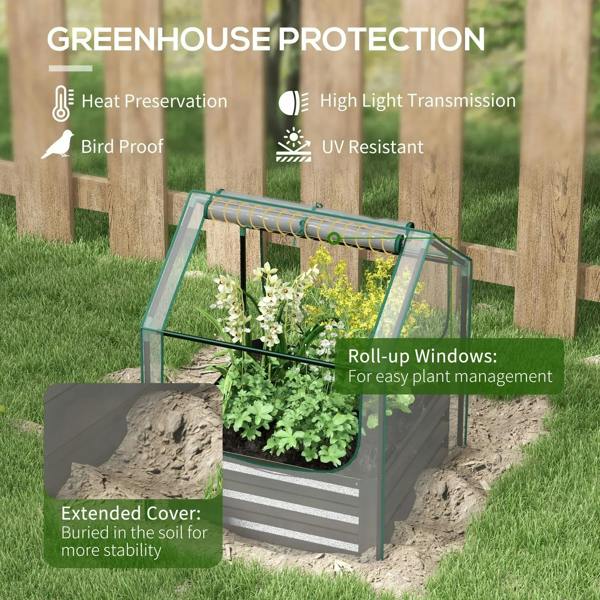 Grey greenhouse-covered planter box with rolled-up windows and extended cover