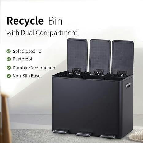 HYGRAD BUILT TO SURVIVE HYGRAD 3 Compartment Recycling Bin 45L Dual Compartments Kitchen Pedal Dust Bin Waste Bin Separation System 3x15L