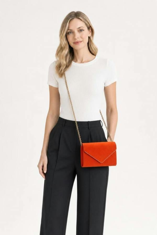 SVNX Faux Suede Envelope Evening Bag in Blood Orange