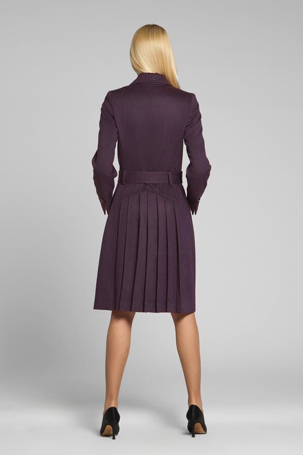 Isabella dark purple wool and cashmere blend coat with double-breasted silhouette and pleated back