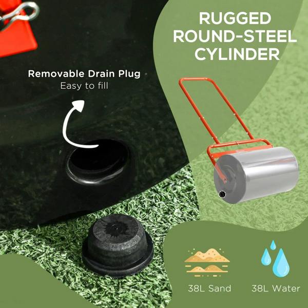 Red steel fillable lawn roller with removable drain plug near black base opening