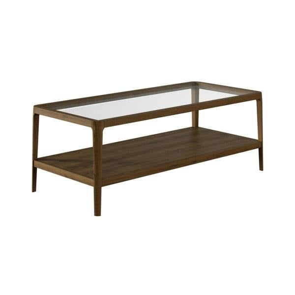 Wyld Haus Denver Walnut Wood and Glass Top Coffee Table with Bottom Shelf