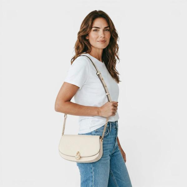Michael Kors Mila Medium Leather Messenger Bag Cream