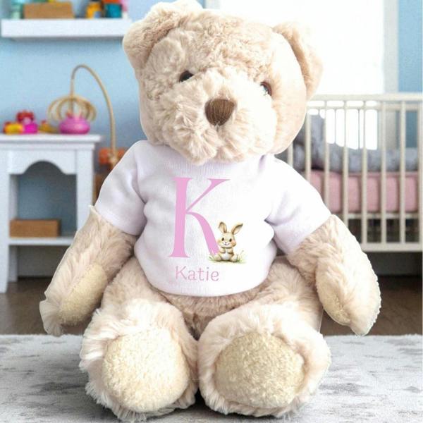 Personalised Pink Initial Bunny Gift Hamper Baby Gift Box - Teddy & Vest