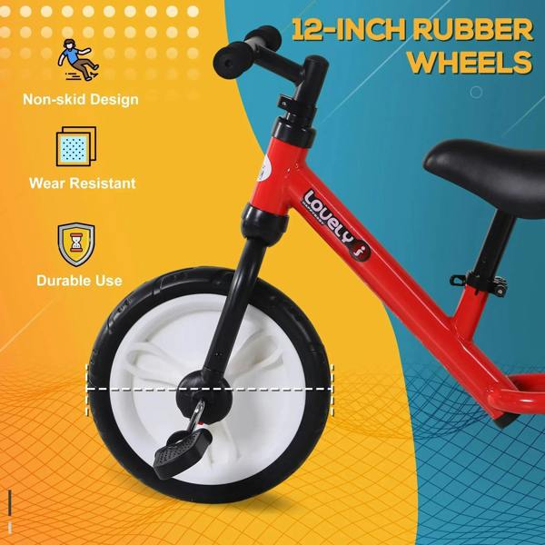 Red kids balance bike with 12-inch non-skid wheels and black grips